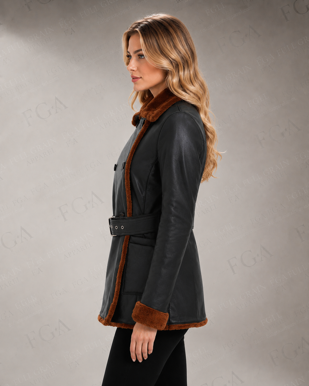 Women's Black Shearling Leather Jacket | Brown Trim | Full Grain Apparel