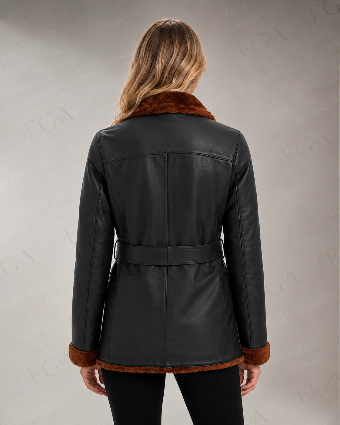 Women's Black Shearling Leather Jacket | Brown Trim | Full Grain Apparel