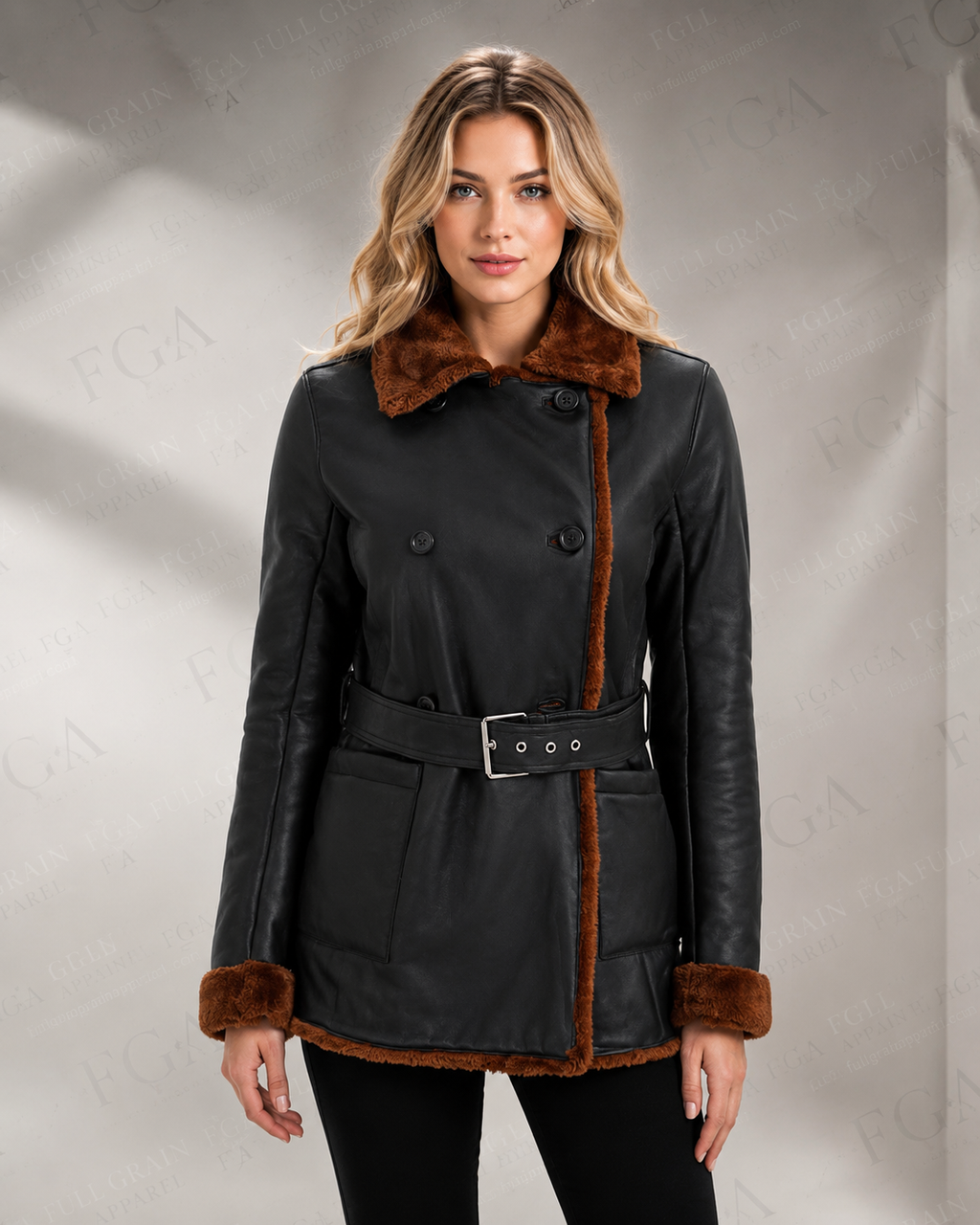 Women's Black Shearling Leather Jacket | Brown Trim | Full Grain Apparel
