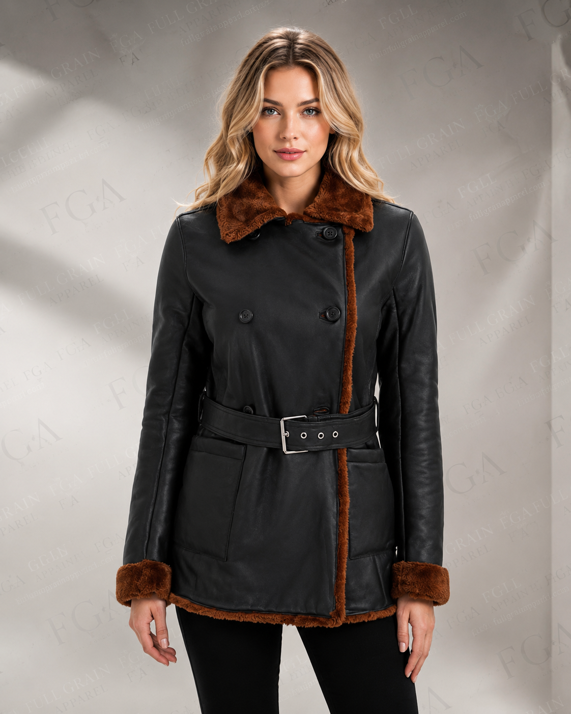 Women's Black Shearling Leather Jacket | Brown Trim | Full Grain Apparel