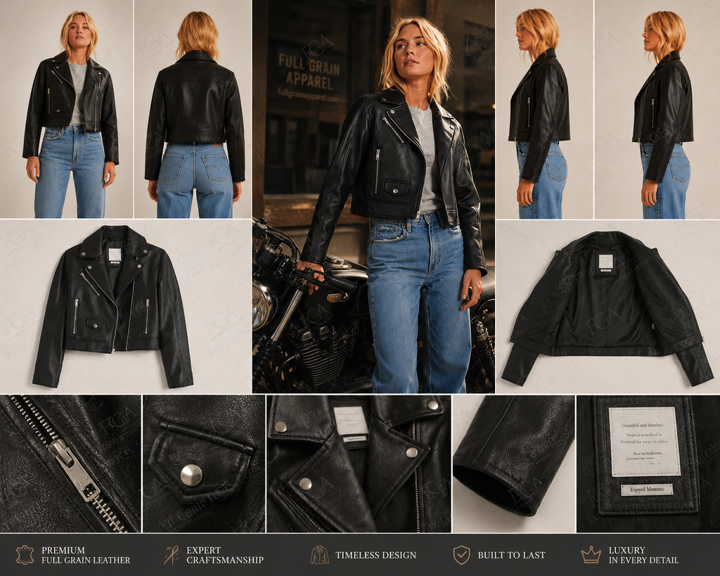 Women's Black Cropped Leather Jacket | Short Moto | Full Grain Apparel