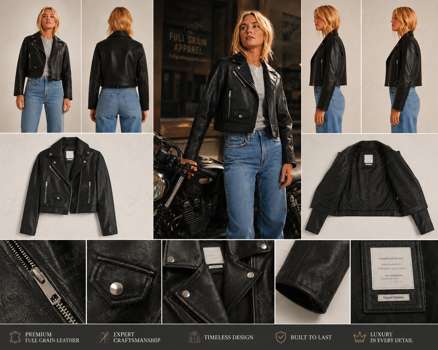 Women's Black Cropped Leather Jacket | Short Moto | Full Grain Apparel