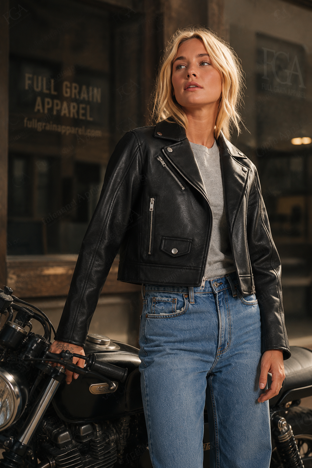 Women's Black Cropped Leather Jacket | Short Moto | Full Grain Apparel