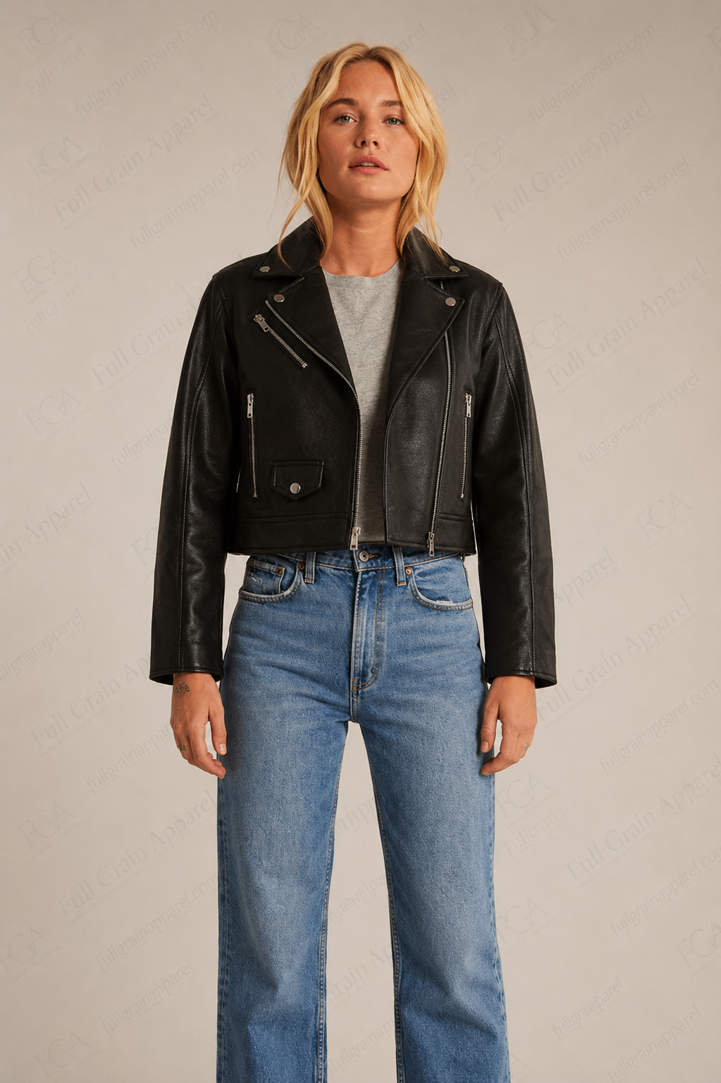 Women's Black Cropped Leather Jacket | Short Moto | Full Grain Apparel