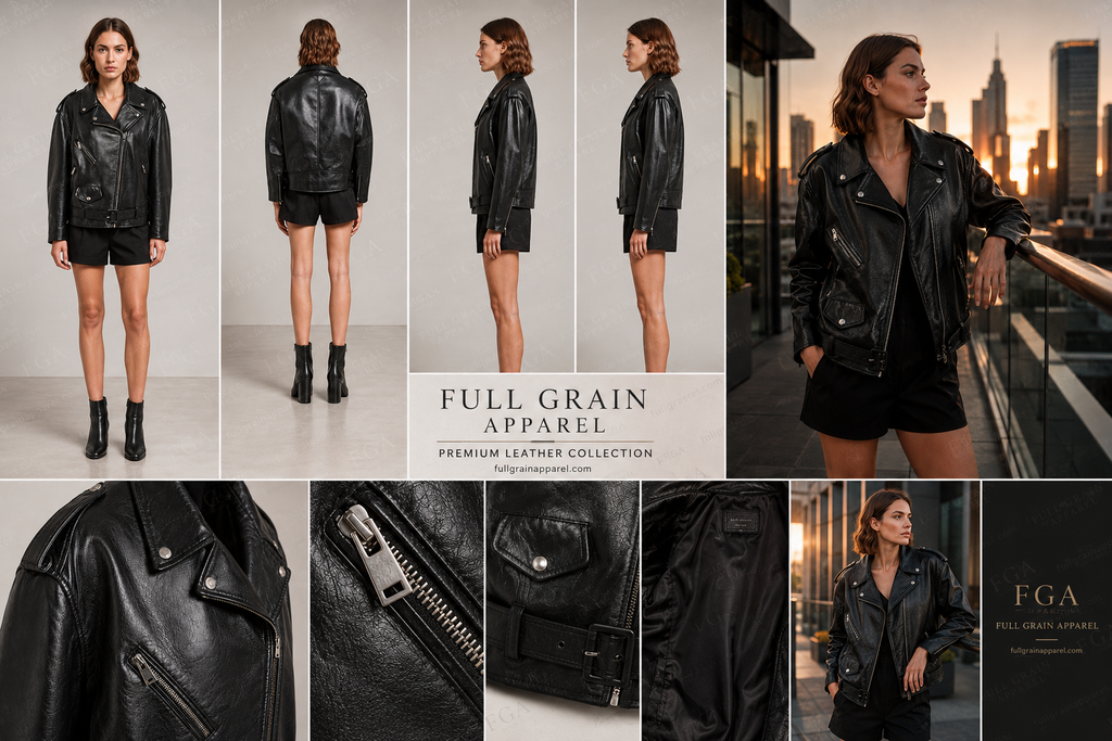 Women's Black Oversized Leather Biker Jacket | Moto | Full Grain Apparel