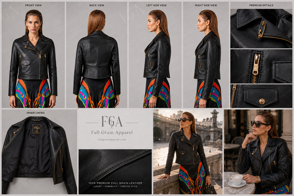 Women's Slim Fit Black Leather Biker Jacket | Moto | Full Grain Apparel