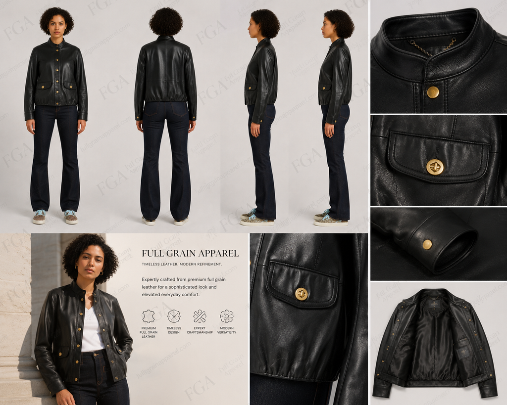 Women's Black Bomber Leather Jacket | Cafe Racer | Full Grain Apparel