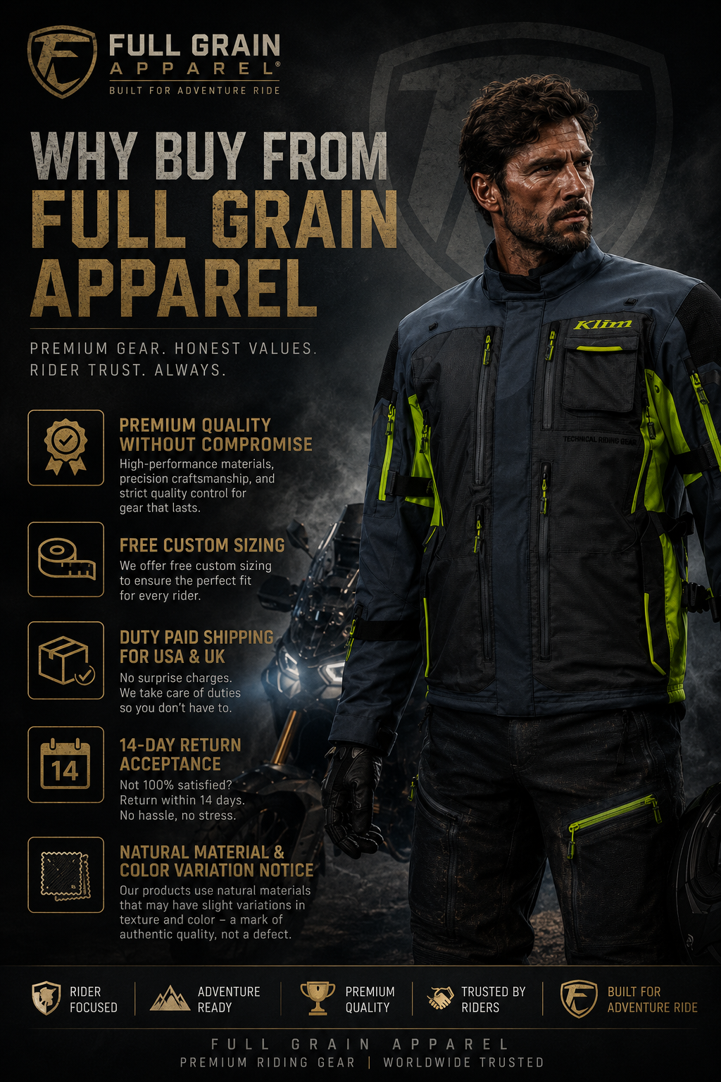 Men's Adventure Touring Motorcycle Jacket _ Klim Riding Gear_ Full Grain Apparel