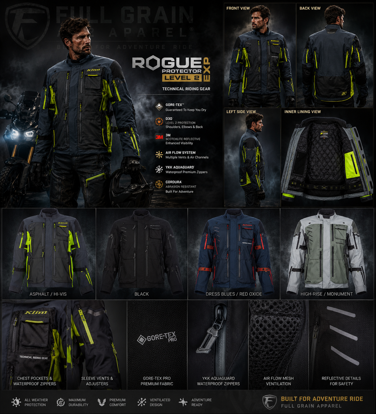 Men's Adventure Touring Motorcycle Jacket _ Klim Riding Gear_ Full Grain Apparel