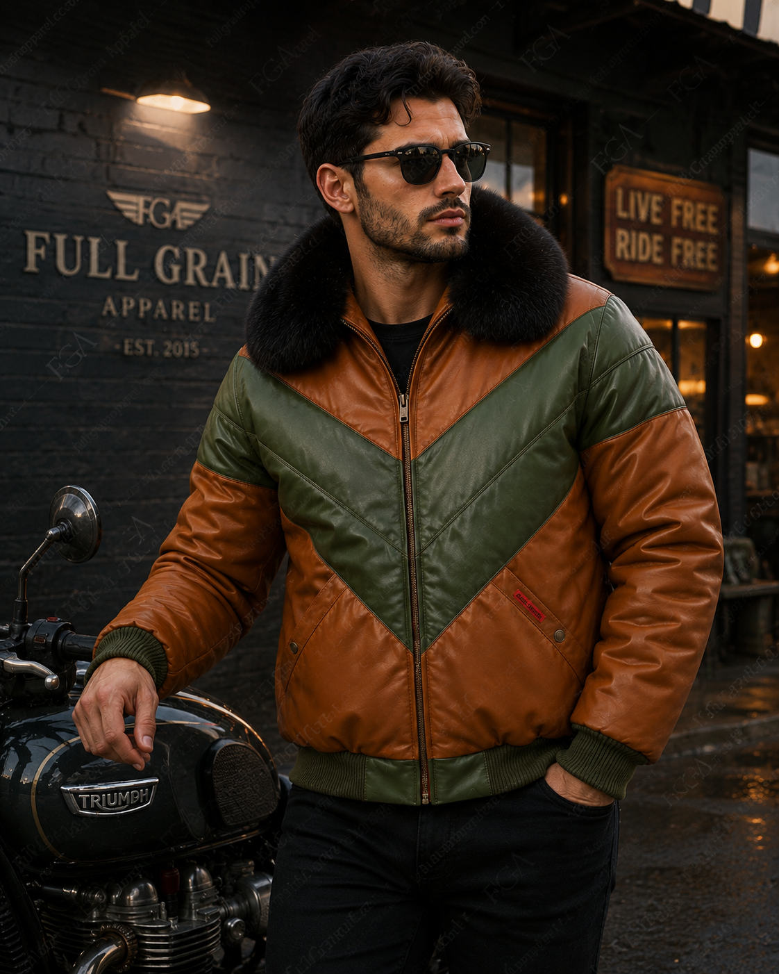 Men's Vintage Fur Collar Leather Bomber Jacket | Full Grain Apparel