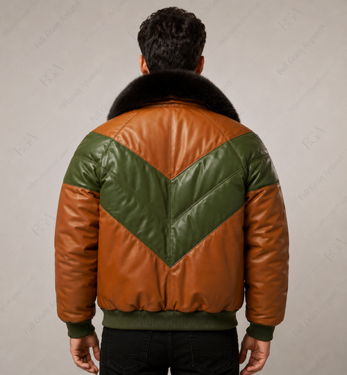 Chaqueta Bomber de Cuero Vintage para Hombre con Cuello de Piel | Prendas de Piel Plena Flor