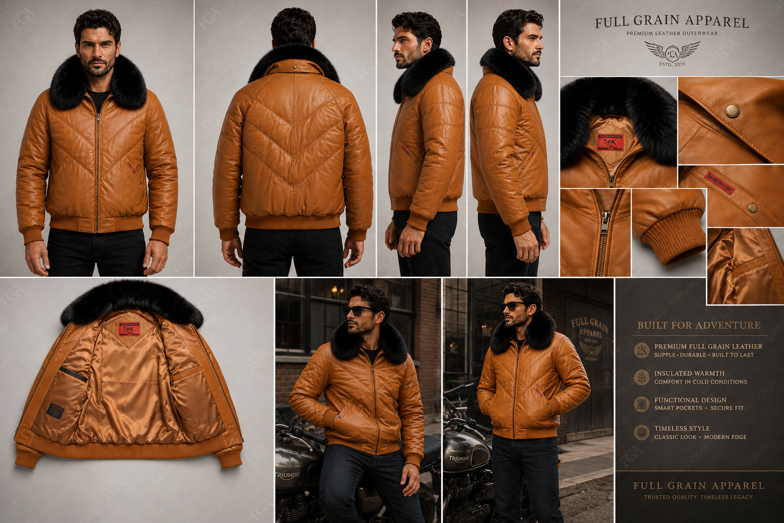Chaqueta Bomber de Piel con Cuello de Pelo Color Camel para Hombre | Full Grain Apparel