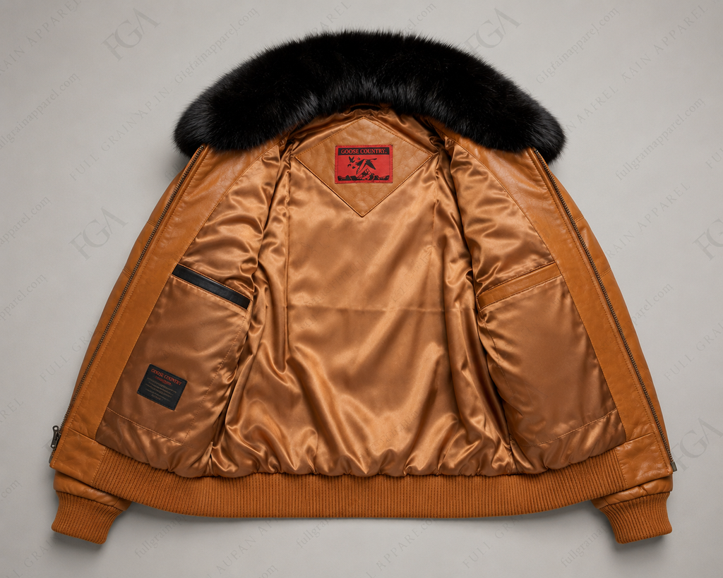 Chaqueta Bomber de Piel con Cuello de Pelo Color Camel para Hombre | Full Grain Apparel