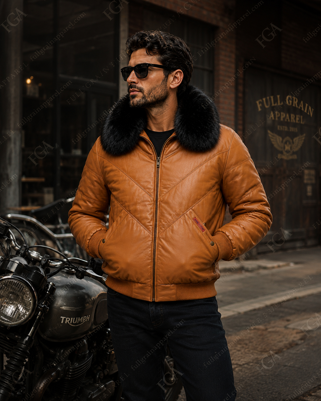 Chaqueta Bomber de Piel con Cuello de Pelo Color Camel para Hombre | Full Grain Apparel