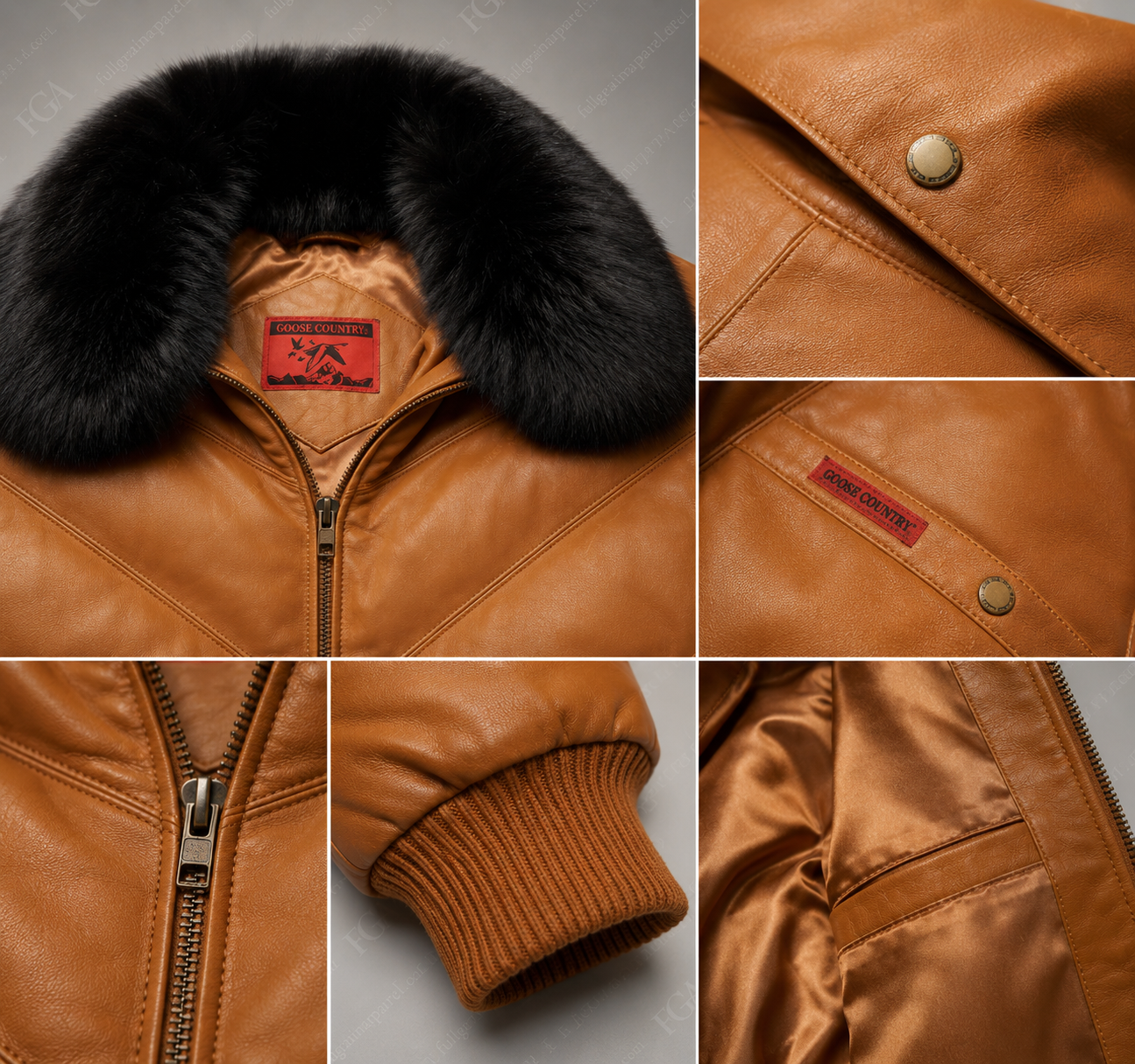 Chaqueta Bomber de Piel con Cuello de Pelo Color Camel para Hombre | Full Grain Apparel