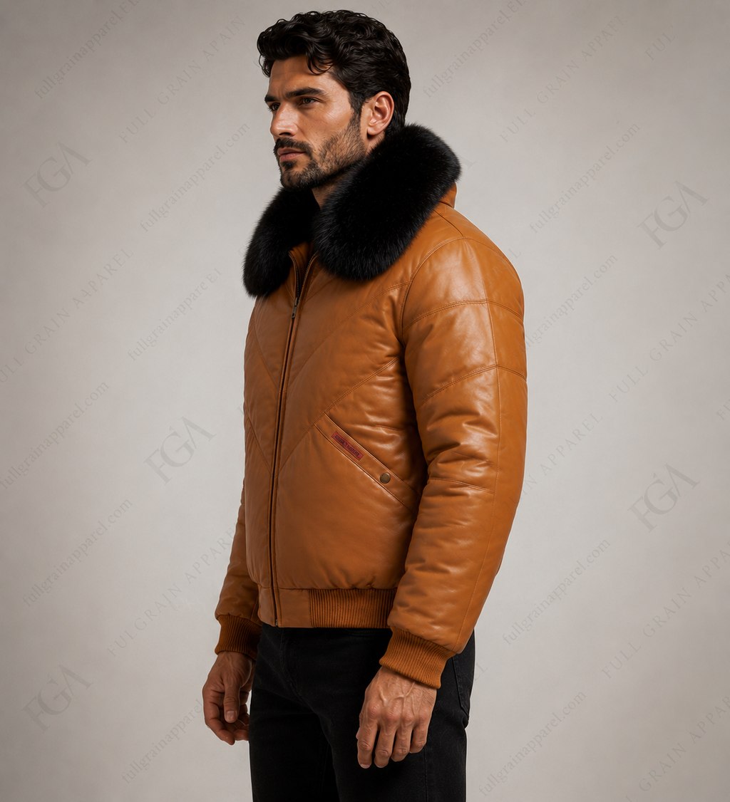 Chaqueta Bomber de Piel con Cuello de Pelo Color Camel para Hombre | Full Grain Apparel