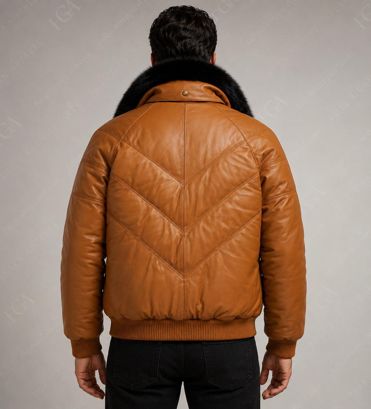 Chaqueta Bomber de Piel con Cuello de Pelo Color Camel para Hombre | Full Grain Apparel