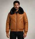 Chaqueta Bomber de Piel con Cuello de Pelo Color Camel para Hombre | Full Grain Apparel