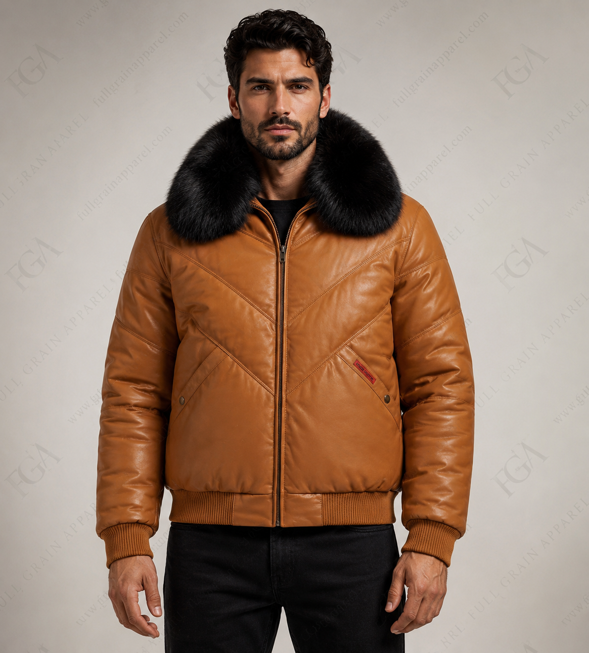 Chaqueta Bomber de Piel con Cuello de Pelo Color Camel para Hombre | Full Grain Apparel