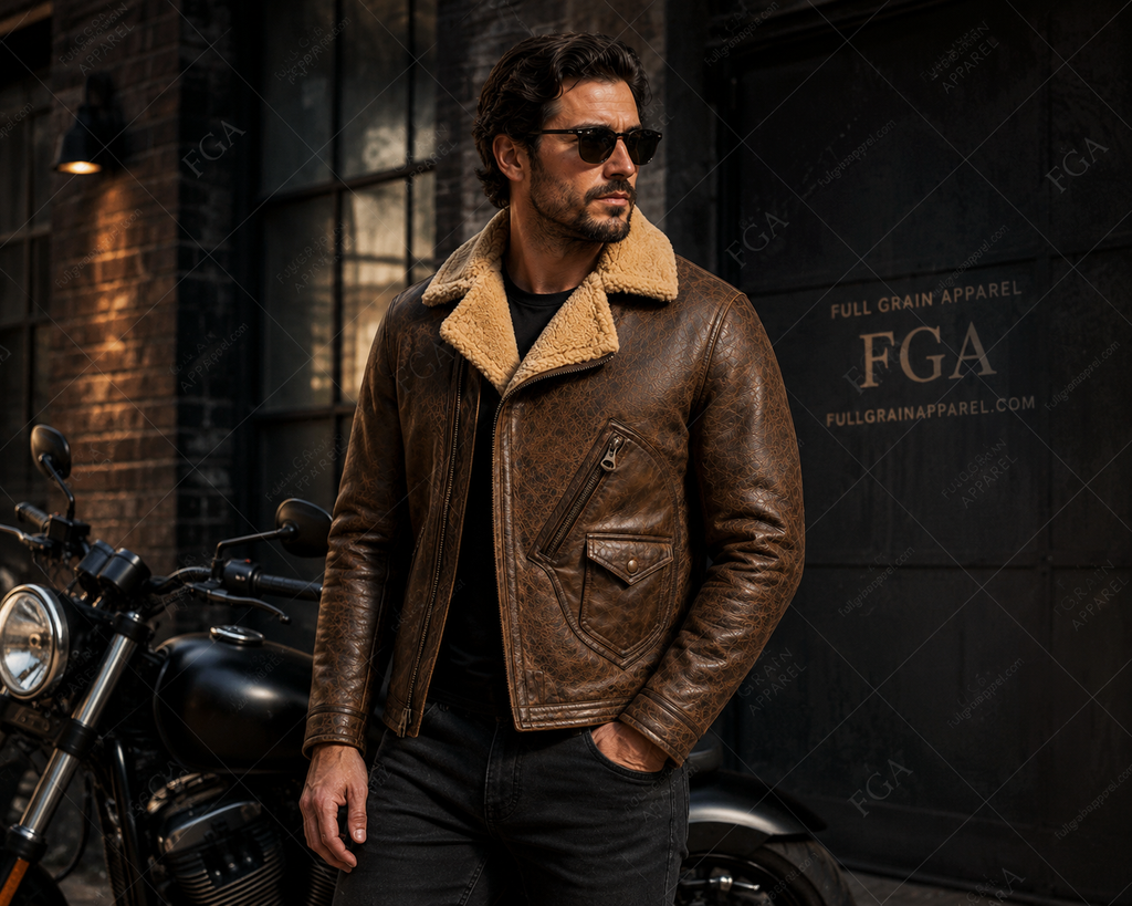 Chaqueta de cuero Aviador Marrón Vintage para hombre de piel de oveja | Ropa de piel plena flor