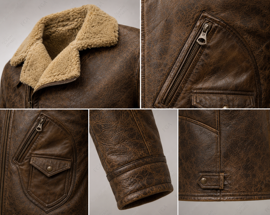 Chaqueta de cuero Aviador Marrón Vintage para hombre de piel de oveja | Ropa de piel plena flor