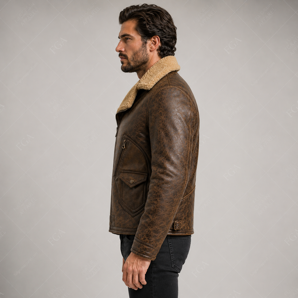 Chaqueta de cuero Aviador Marrón Vintage para hombre de piel de oveja | Ropa de piel plena flor