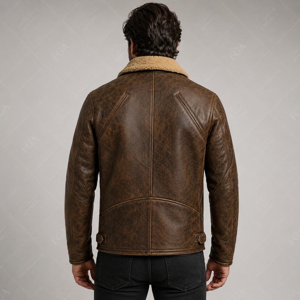 Chaqueta de cuero Aviador Marrón Vintage para hombre de piel de oveja | Ropa de piel plena flor