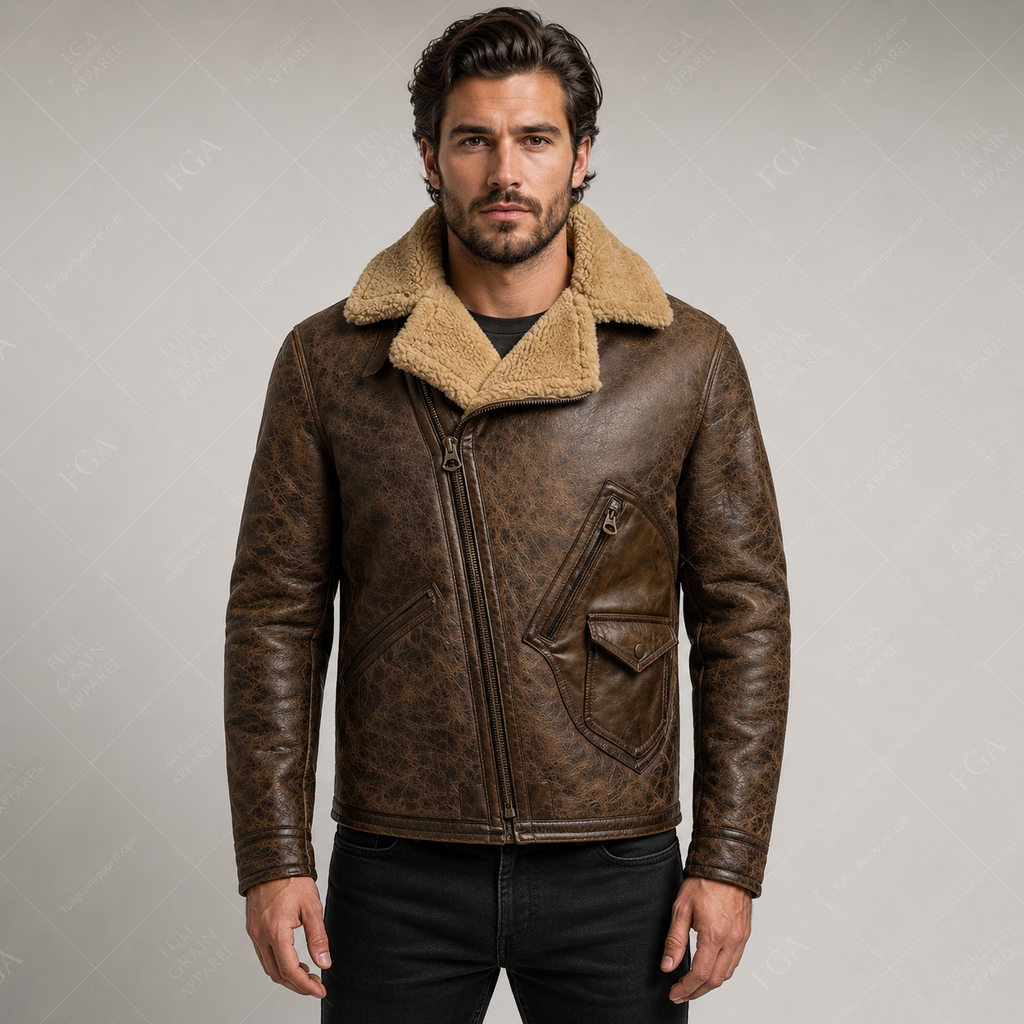 Chaqueta de cuero Aviador Marrón Vintage para hombre de piel de oveja | Ropa de piel plena flor