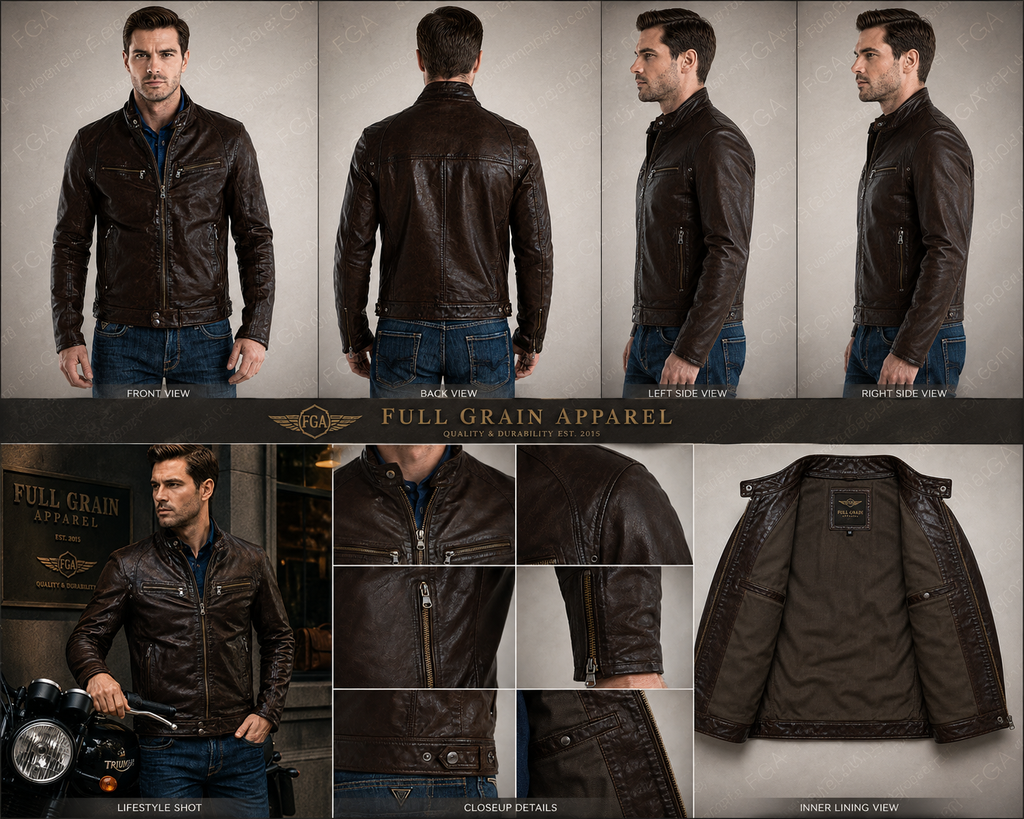 Chaqueta de cuero café oscuro tipo Cafe Racer para hombre | Ropa de piel plena flor