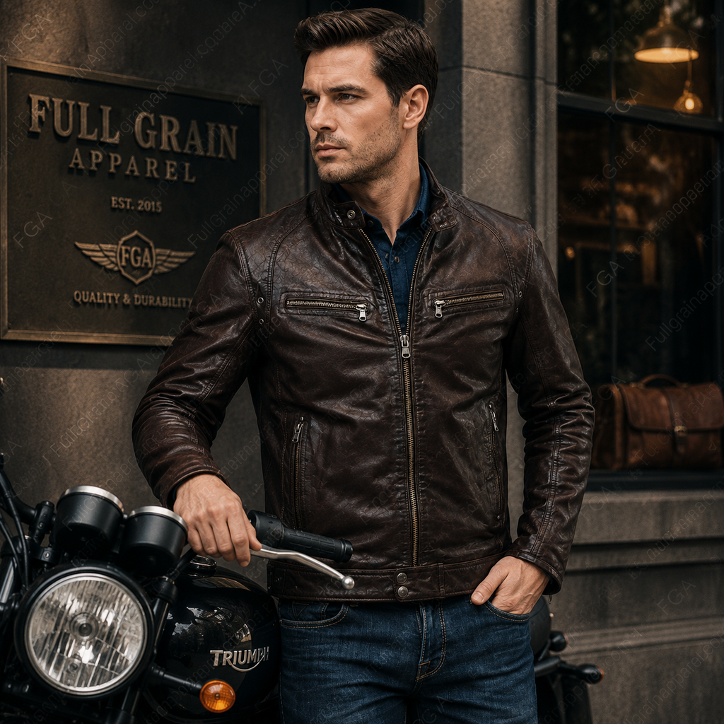 Chaqueta de cuero café oscuro tipo Cafe Racer para hombre | Ropa de piel plena flor
