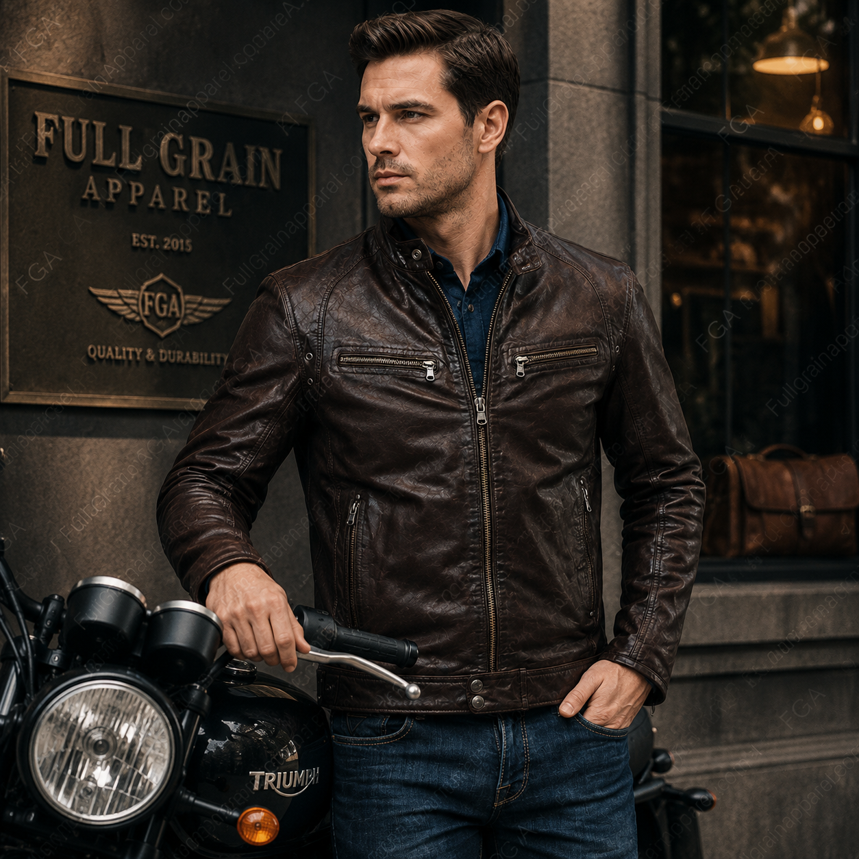 Chaqueta de cuero café oscuro tipo Cafe Racer para hombre | Ropa de piel plena flor