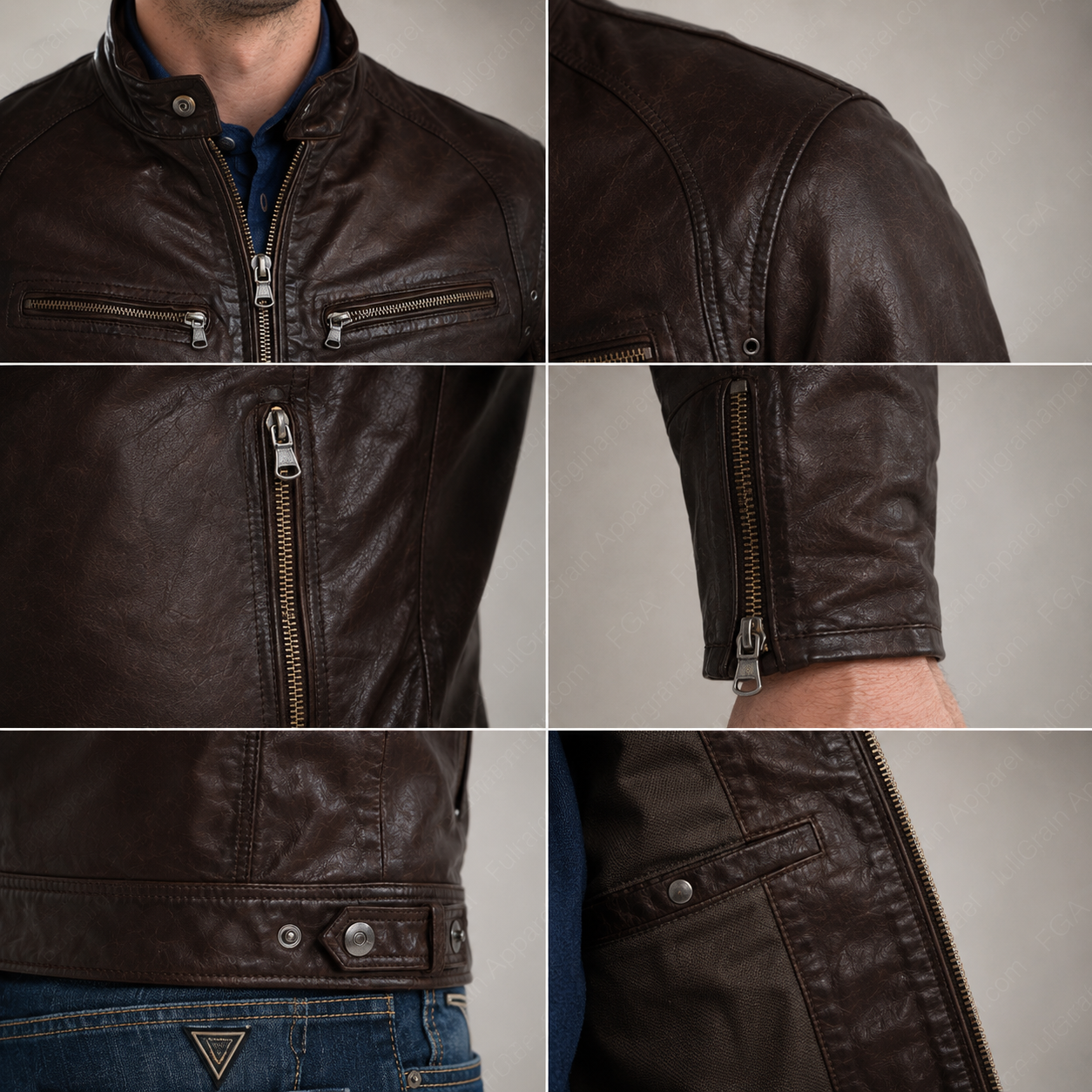 Chaqueta de cuero café oscuro tipo Cafe Racer para hombre | Ropa de piel plena flor