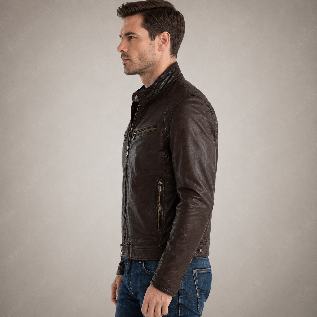 Chaqueta de cuero café oscuro tipo Cafe Racer para hombre | Ropa de piel plena flor