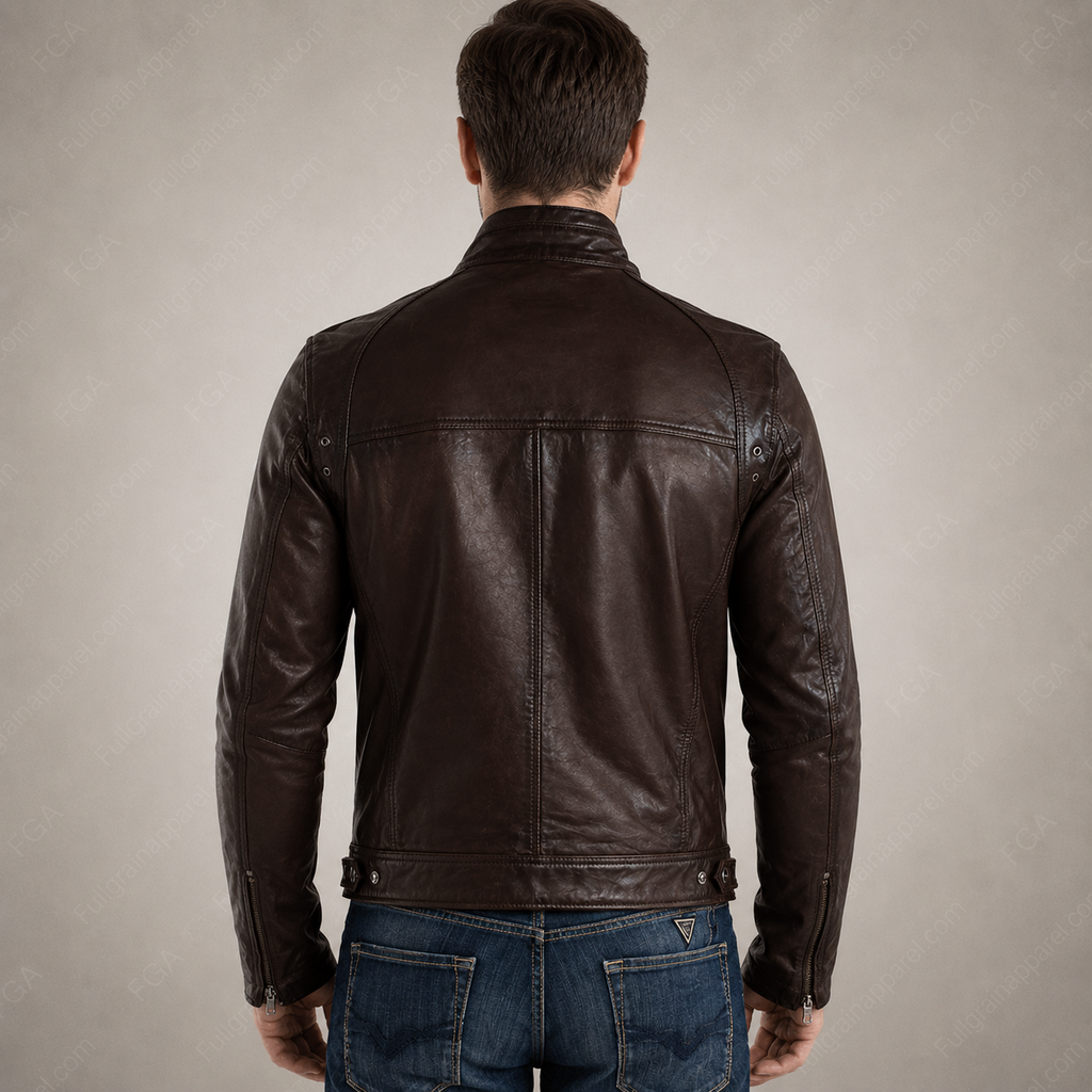 Chaqueta de cuero café oscuro tipo Cafe Racer para hombre | Ropa de piel plena flor