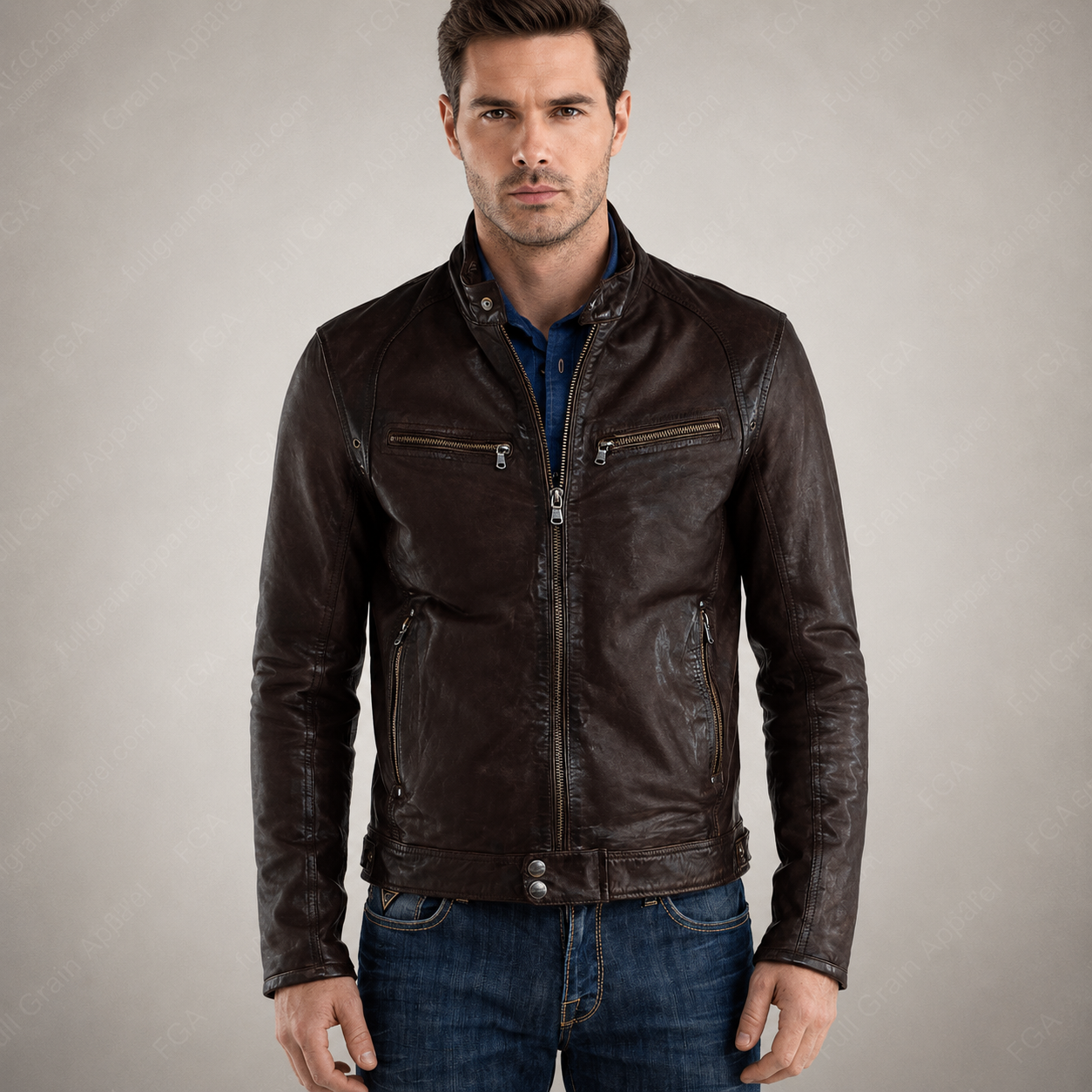 Chaqueta de cuero café oscuro tipo Cafe Racer para hombre | Ropa de piel plena flor