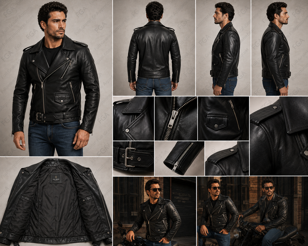 Chaqueta de cuero de motociclista negra para hombre, estilo moto, prenda de piel de grano completo
