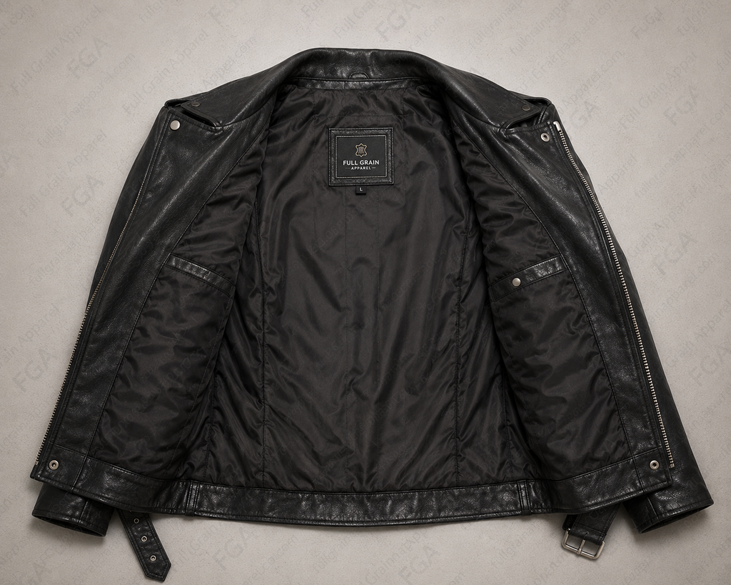 Chaqueta de cuero de motociclista negra para hombre, estilo moto, prenda de piel de grano completo