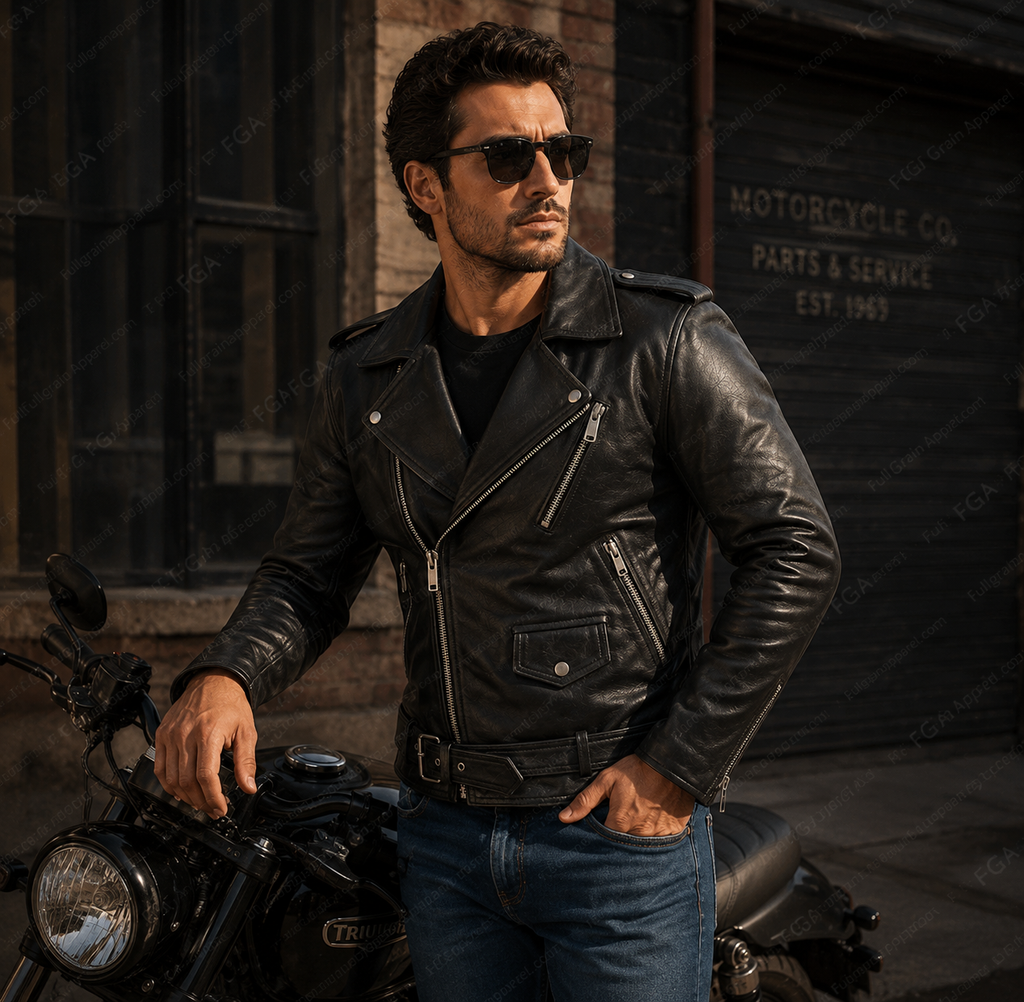 Chaqueta de cuero de motociclista negra para hombre, estilo moto, prenda de piel de grano completo