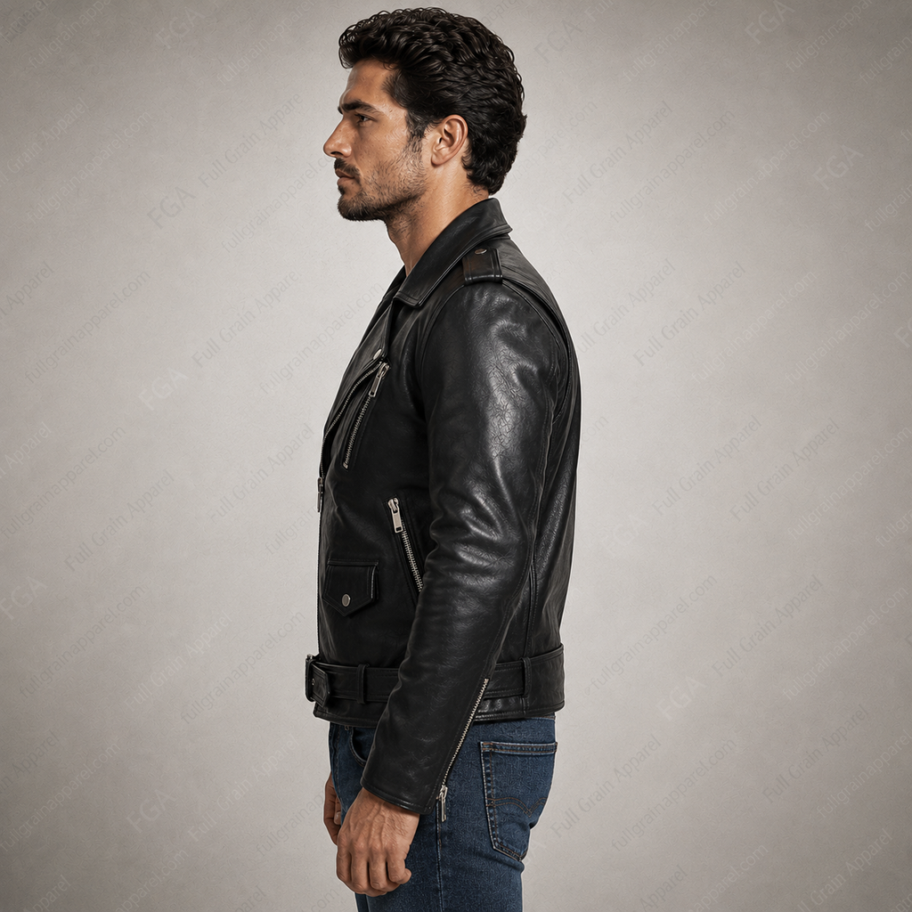 Chaqueta de cuero de motociclista negra para hombre, estilo moto, prenda de piel de grano completo