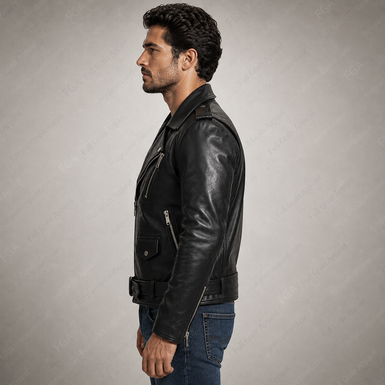 Chaqueta de cuero de motociclista negra para hombre, estilo moto, prenda de piel de grano completo
