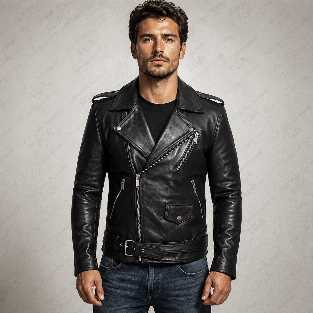 Chaqueta de cuero de motociclista negra para hombre, estilo moto, prenda de piel de grano completo