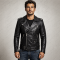 Chaqueta de cuero de motociclista negra para hombre, estilo moto, prenda de piel de grano completo