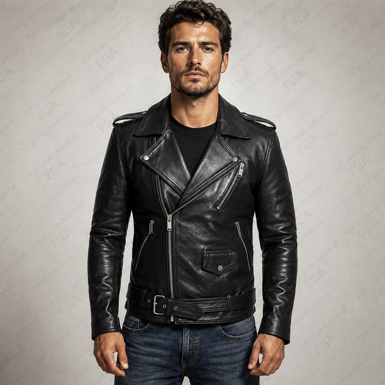 Chaqueta de cuero de motociclista negra para hombre, estilo moto, prenda de piel de grano completo