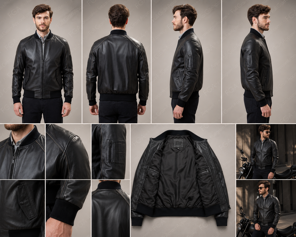 Chaqueta Bomber de Cuero Negro para Hombre Estilo Piloto Moderno Confección en Piel Plena Flor