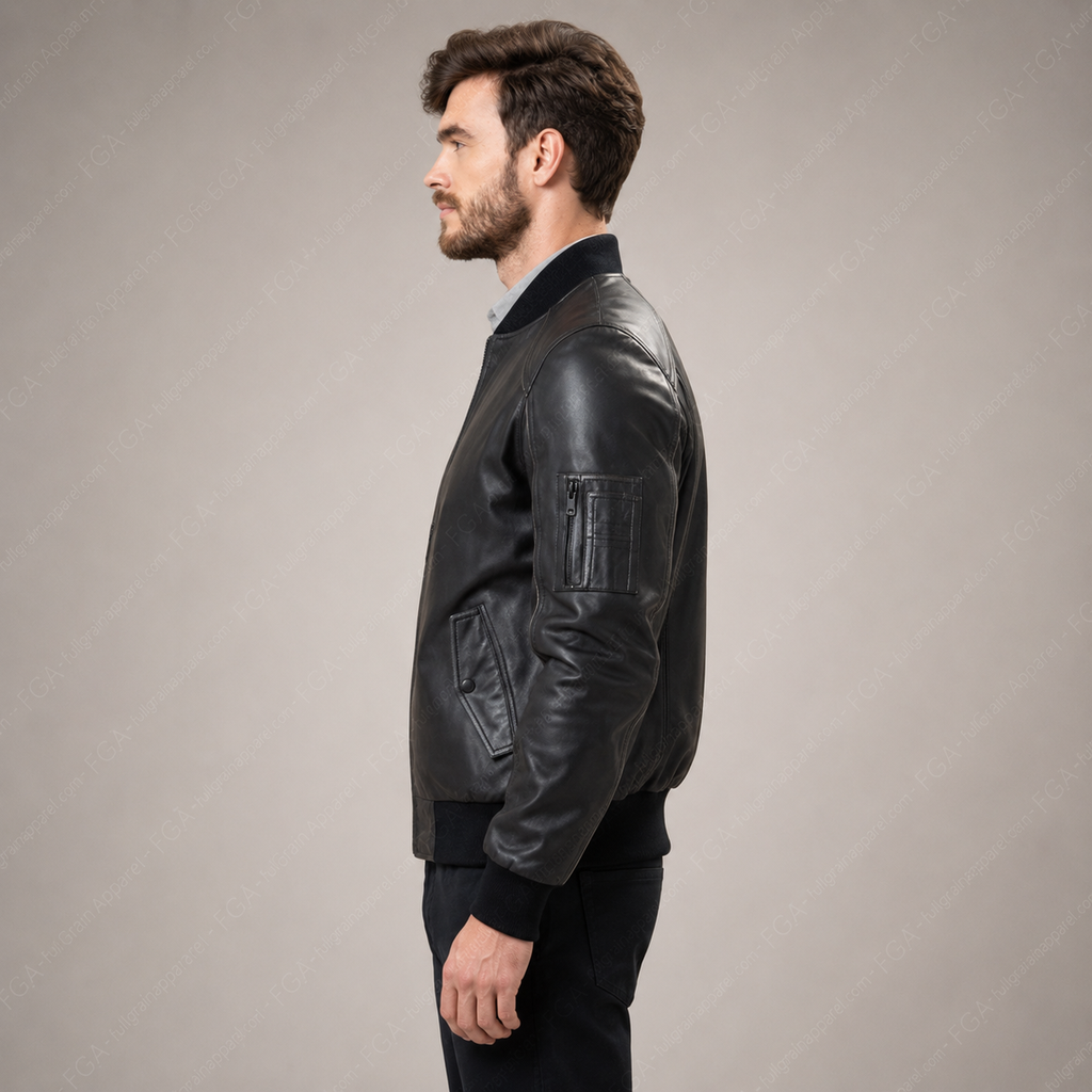 Chaqueta Bomber de Cuero Negro para Hombre Estilo Piloto Moderno Confección en Piel Plena Flor