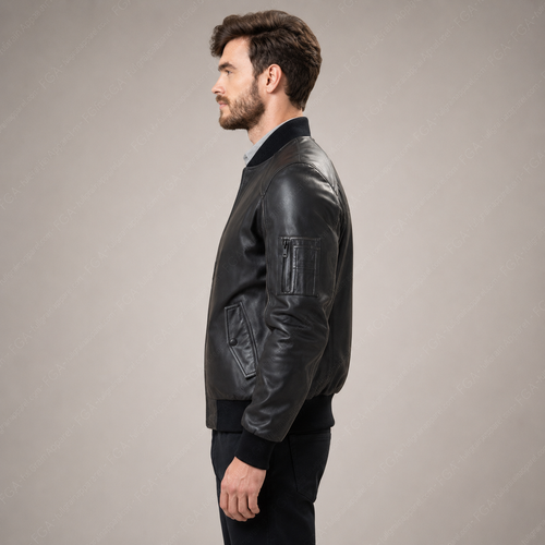 Men's Black Leather Bomber Jacket Modern Pilot Style Full Grain Apparel