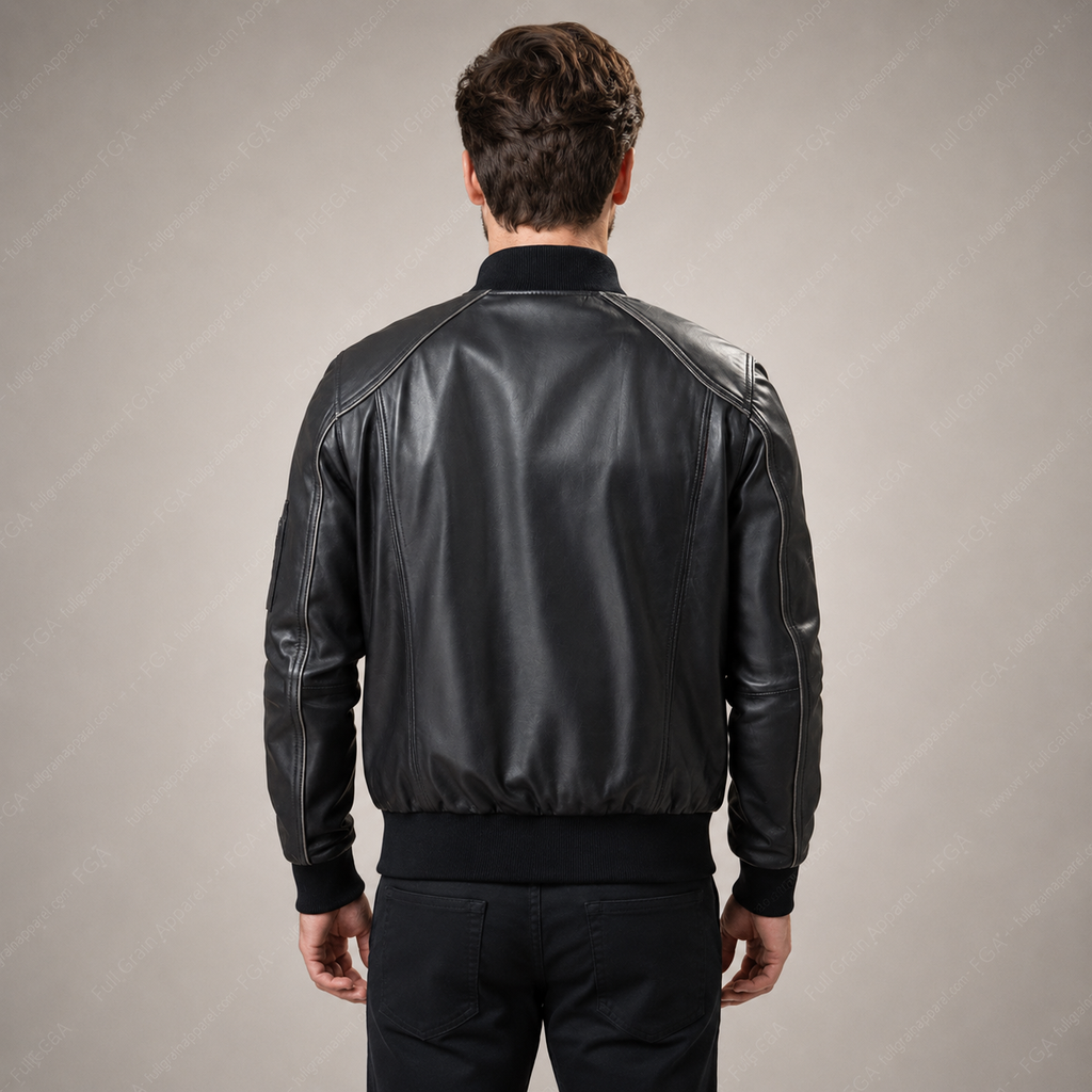 Chaqueta Bomber de Cuero Negro para Hombre Estilo Piloto Moderno Confección en Piel Plena Flor