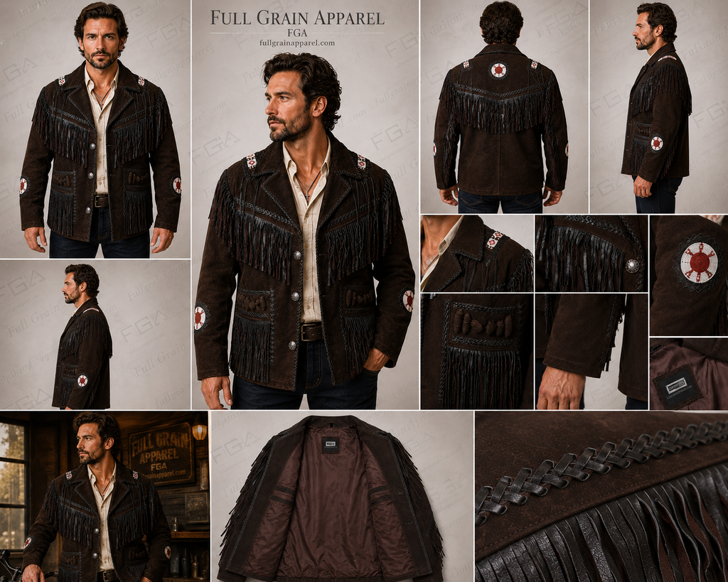 Chaqueta de cuero vintage con flecos para hombre | Vaquero del Oeste | Prenda de piel de plena flor