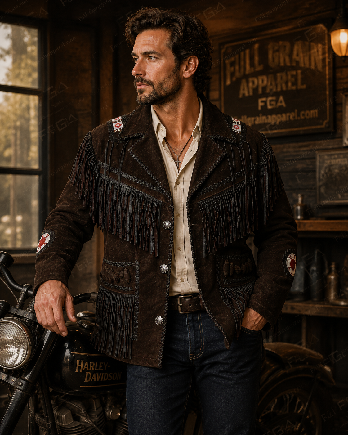 Chaqueta de cuero vintage con flecos para hombre | Vaquero del Oeste | Prenda de piel de plena flor
