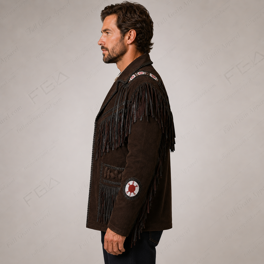 Chaqueta de cuero vintage con flecos para hombre | Vaquero del Oeste | Prenda de piel de plena flor